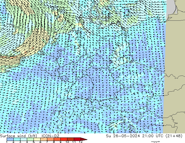 Surface wind (bft) ICON-D2 Su 26.05.2024 21 UTC