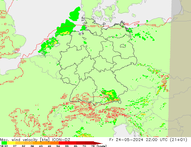 Max. wind velocity ICON-D2 Fr 24.05.2024 22 UTC