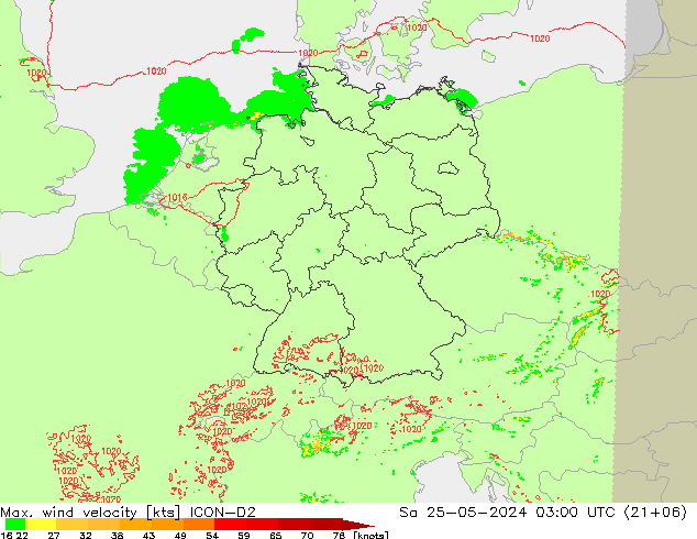 Max. wind velocity ICON-D2 sáb 25.05.2024 03 UTC