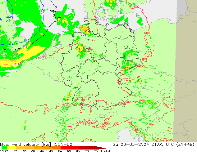 Max. wind velocity ICON-D2 Вс 26.05.2024 21 UTC