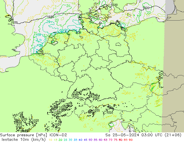 Isotachen (km/h) ICON-D2 za 25.05.2024 03 UTC