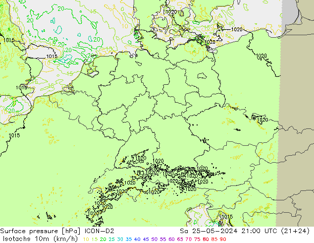 Isotachs (kph) ICON-D2 sab 25.05.2024 21 UTC