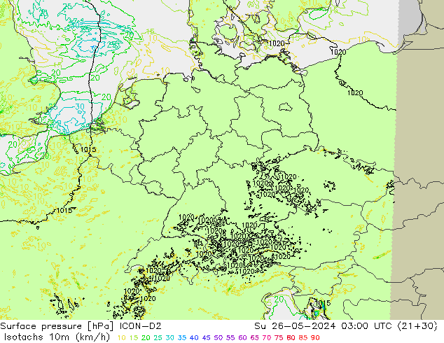 Isotachs (kph) ICON-D2 Dom 26.05.2024 03 UTC