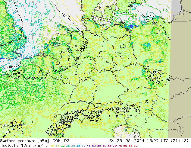 Isotachs (kph) ICON-D2 dim 26.05.2024 15 UTC