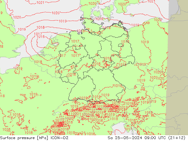 pressão do solo ICON-D2 Sáb 25.05.2024 09 UTC