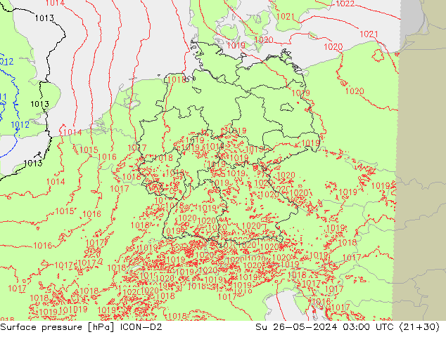 Presión superficial ICON-D2 dom 26.05.2024 03 UTC