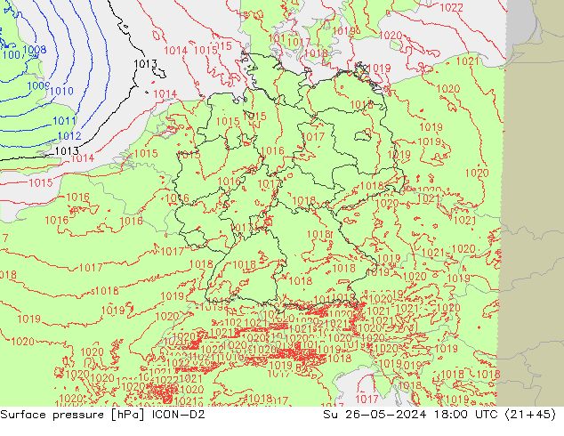 Pressione al suolo ICON-D2 dom 26.05.2024 18 UTC