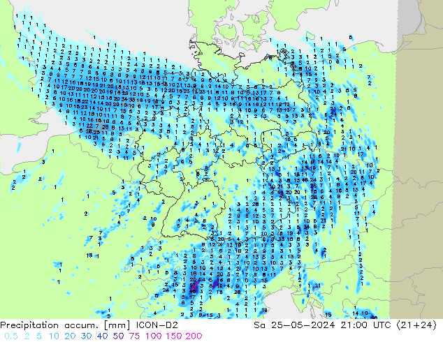 Precipitation accum. ICON-D2 сб 25.05.2024 21 UTC