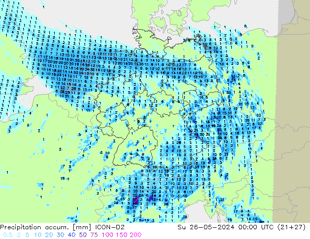 Totale neerslag ICON-D2 zo 26.05.2024 00 UTC