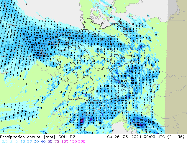 Precipitation accum. ICON-D2 Su 26.05.2024 09 UTC