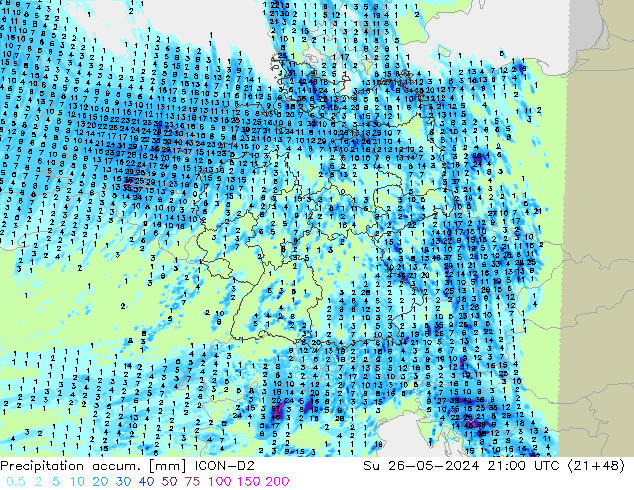 Precipitation accum. ICON-D2 Su 26.05.2024 21 UTC