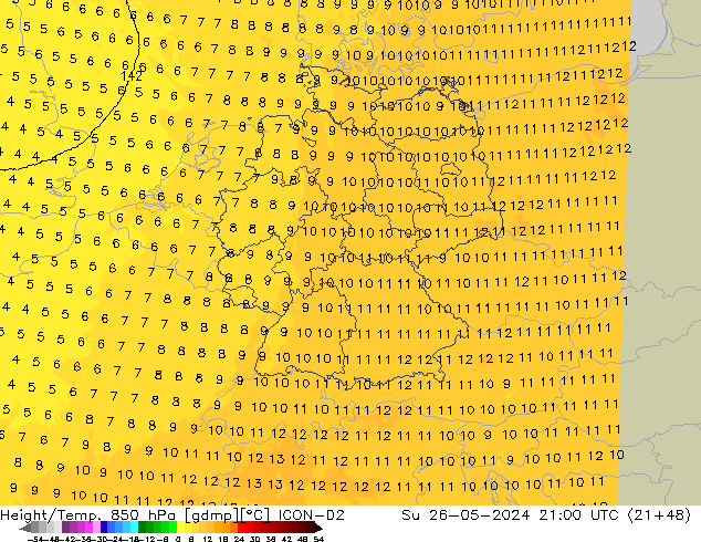 Height/Temp. 850 hPa ICON-D2 Su 26.05.2024 21 UTC