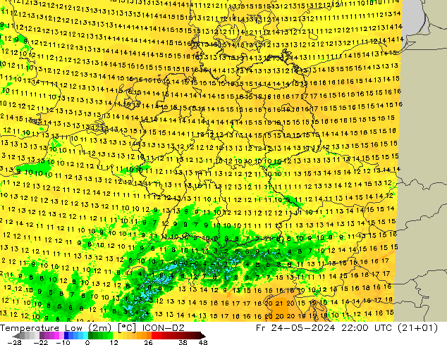 temperatura mín. (2m) ICON-D2 Sex 24.05.2024 22 UTC