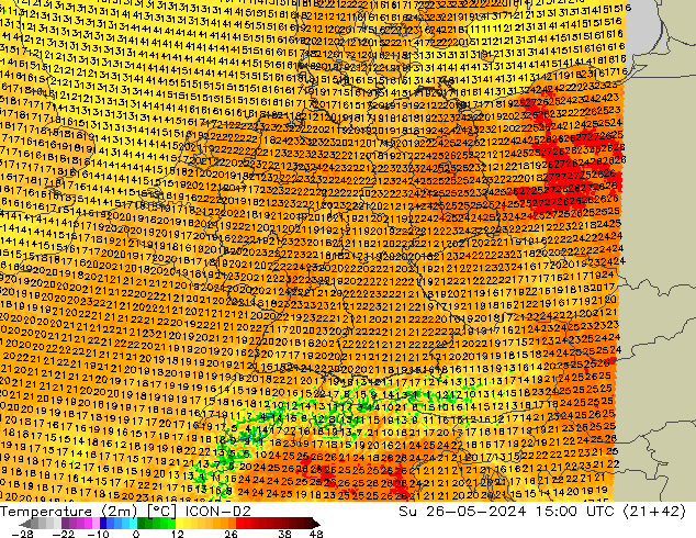 Temperature (2m) ICON-D2 Su 26.05.2024 15 UTC