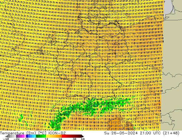 Temperature (2m) ICON-D2 Su 26.05.2024 21 UTC