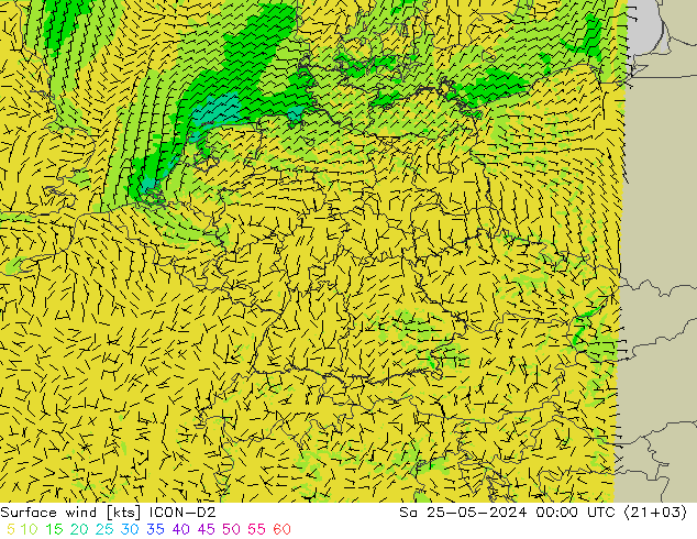 Viento 10 m ICON-D2 sáb 25.05.2024 00 UTC