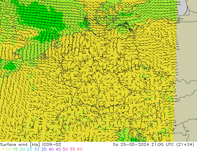 Bodenwind ICON-D2 Sa 25.05.2024 21 UTC