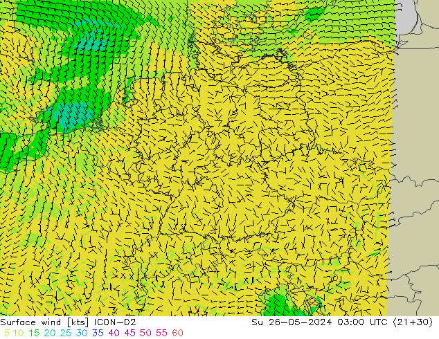wiatr 10 m ICON-D2 nie. 26.05.2024 03 UTC