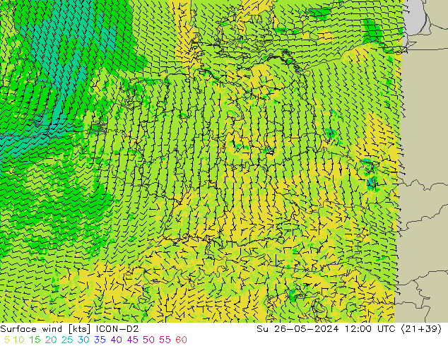 Wind 10 m ICON-D2 zo 26.05.2024 12 UTC