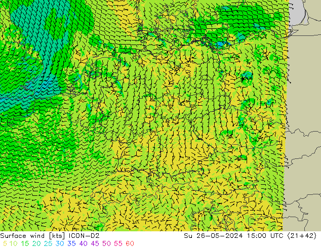 Wind 10 m ICON-D2 zo 26.05.2024 15 UTC