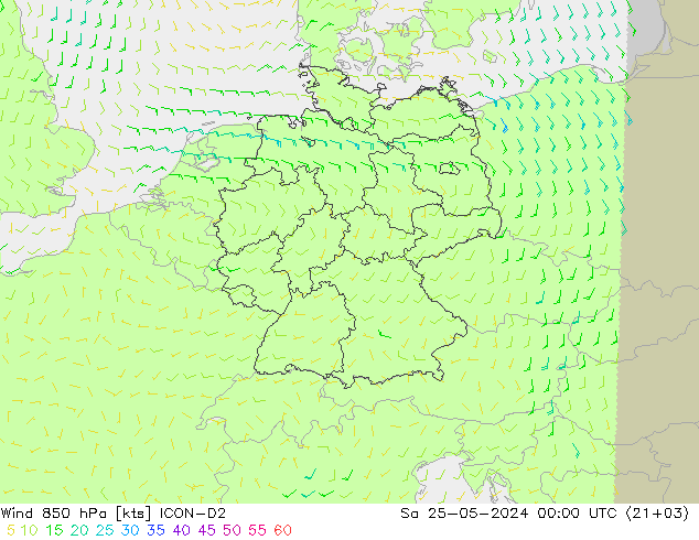 Wind 850 hPa ICON-D2 za 25.05.2024 00 UTC