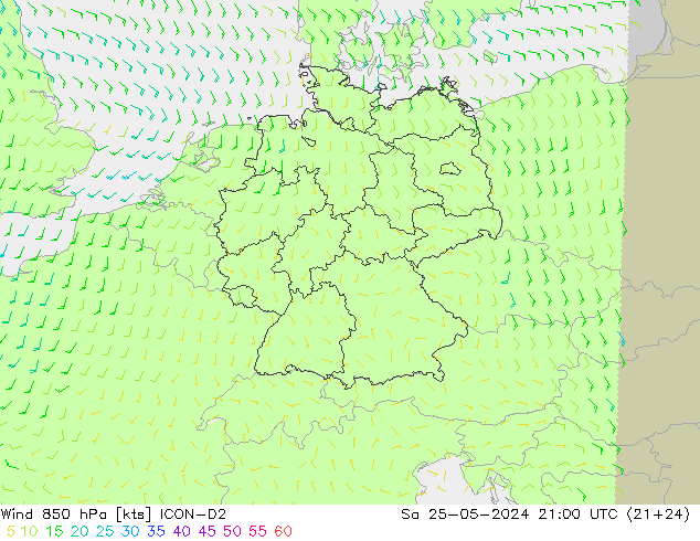 wiatr 850 hPa ICON-D2 so. 25.05.2024 21 UTC