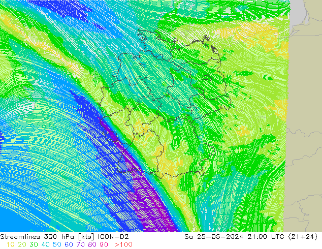 Línea de corriente 300 hPa ICON-D2 sáb 25.05.2024 21 UTC