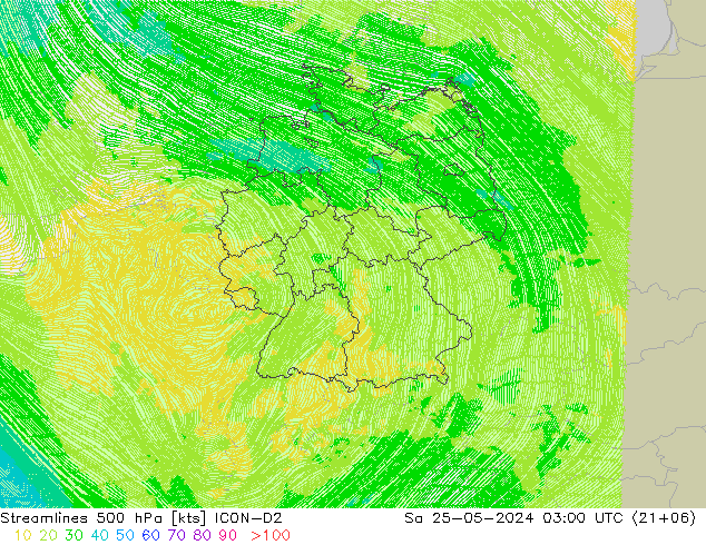 Línea de corriente 500 hPa ICON-D2 sáb 25.05.2024 03 UTC