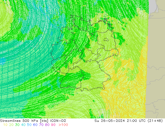 Linea di flusso 500 hPa ICON-D2 dom 26.05.2024 21 UTC