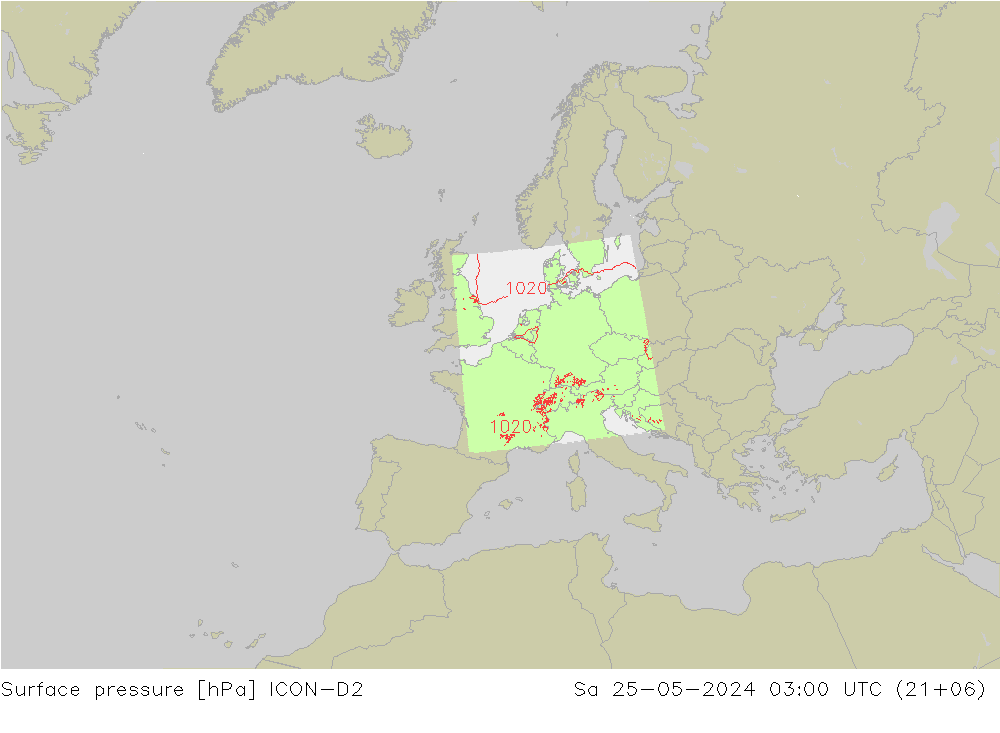 Presión superficial ICON-D2 sáb 25.05.2024 03 UTC