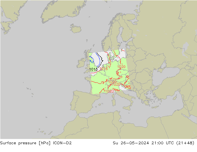 Pressione al suolo ICON-D2 dom 26.05.2024 21 UTC