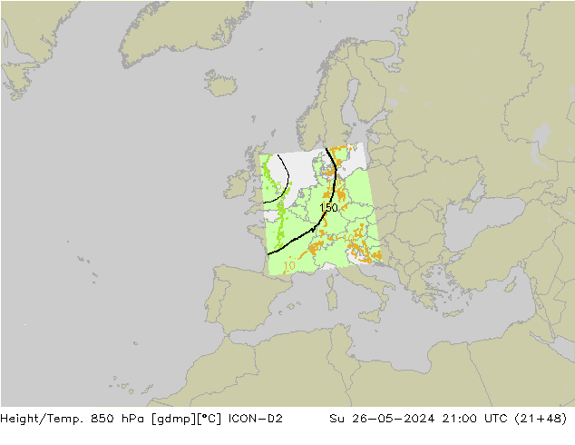 Height/Temp. 850 hPa ICON-D2 So 26.05.2024 21 UTC