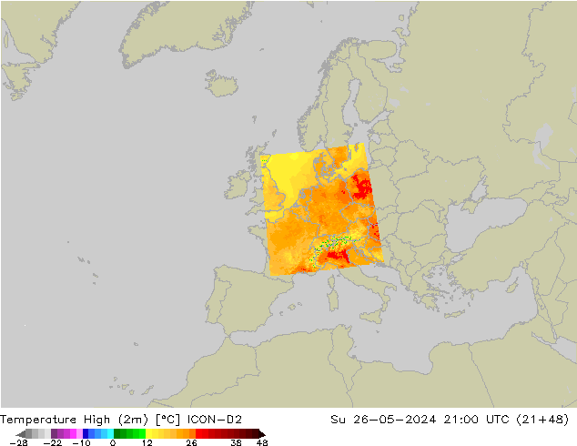 Höchstwerte (2m) ICON-D2 So 26.05.2024 21 UTC