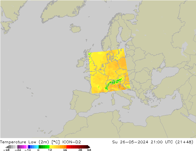 Min.temperatuur (2m) ICON-D2 zo 26.05.2024 21 UTC