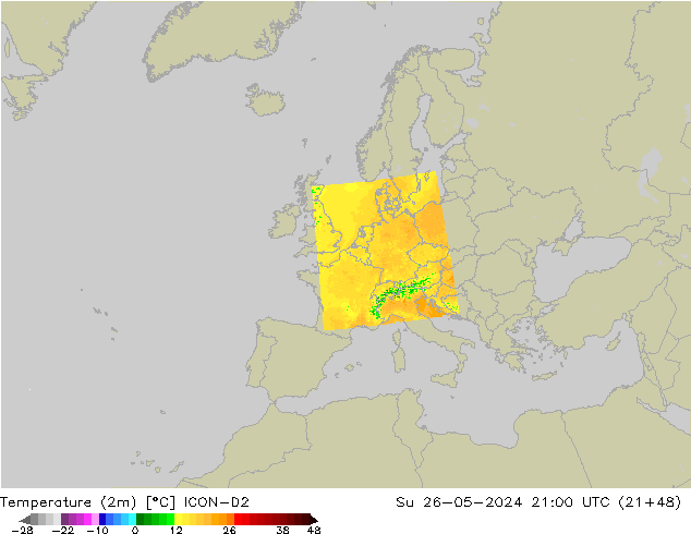 Temperatuurkaart (2m) ICON-D2 zo 26.05.2024 21 UTC