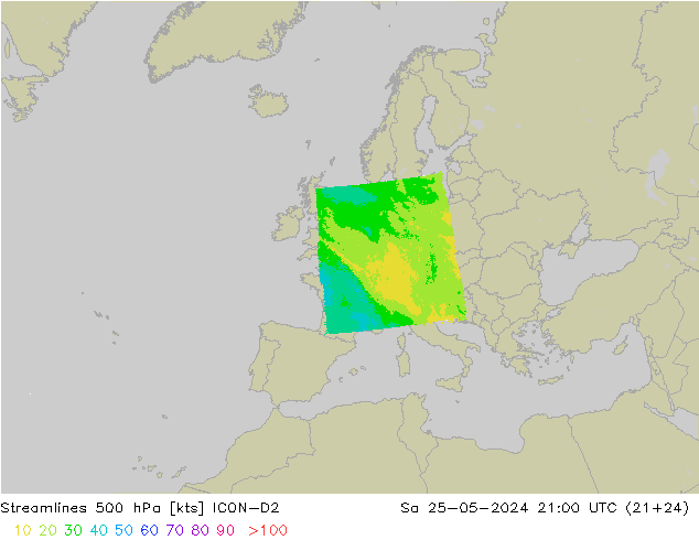 Línea de corriente 500 hPa ICON-D2 sáb 25.05.2024 21 UTC