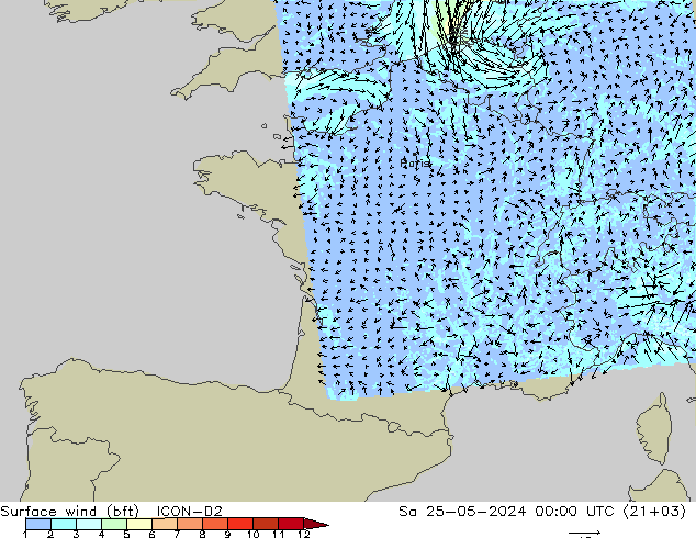 Bodenwind (bft) ICON-D2 Sa 25.05.2024 00 UTC