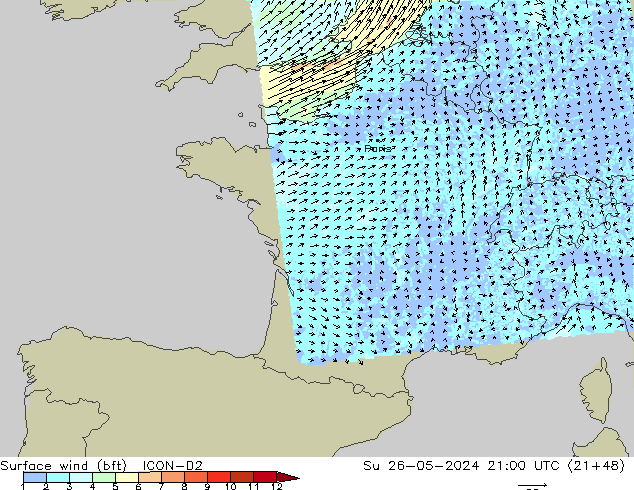 Surface wind (bft) ICON-D2 Su 26.05.2024 21 UTC