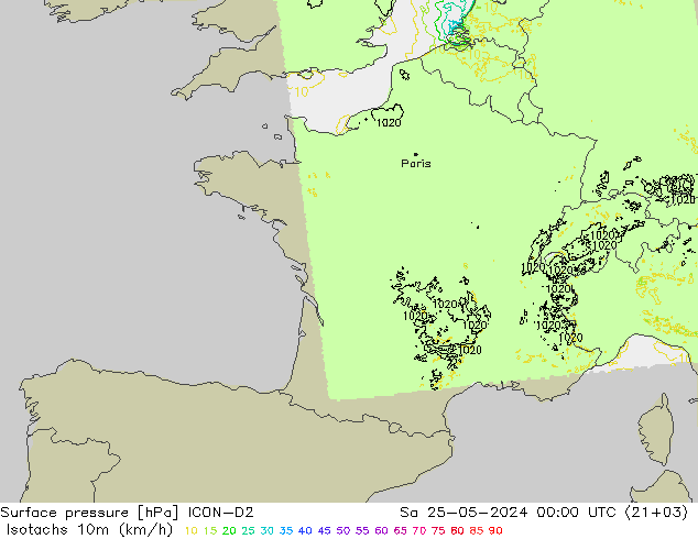 Isotachs (kph) ICON-D2 сб 25.05.2024 00 UTC