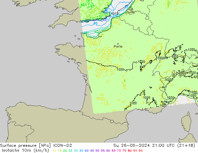 Isotachs (kph) ICON-D2 Su 26.05.2024 21 UTC