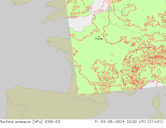 Atmosférický tlak ICON-D2 Pá 24.05.2024 22 UTC
