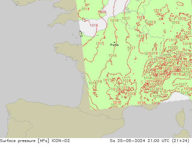 Presión superficial ICON-D2 sáb 25.05.2024 21 UTC