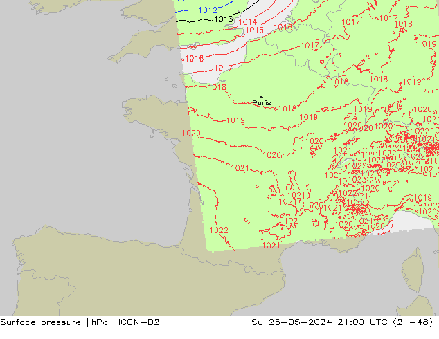 Surface pressure ICON-D2 Su 26.05.2024 21 UTC