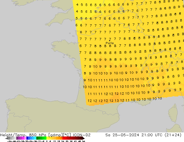 Height/Temp. 850 hPa ICON-D2 Sa 25.05.2024 21 UTC