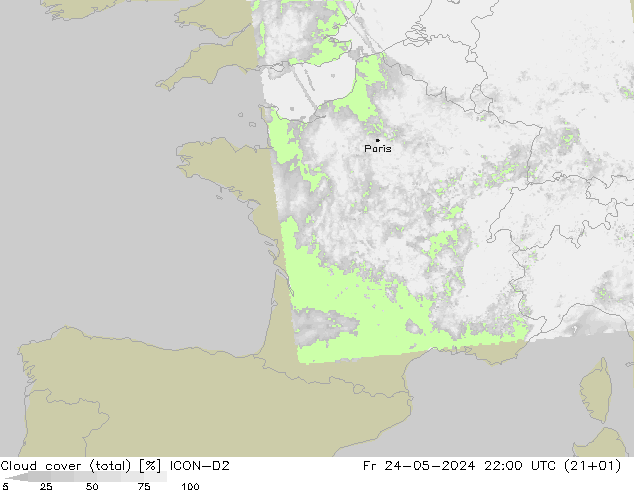 Cloud cover (total) ICON-D2 Pá 24.05.2024 22 UTC