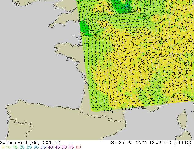 Vento 10 m ICON-D2 Sáb 25.05.2024 12 UTC