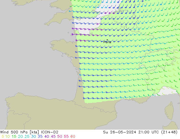 Viento 500 hPa ICON-D2 dom 26.05.2024 21 UTC