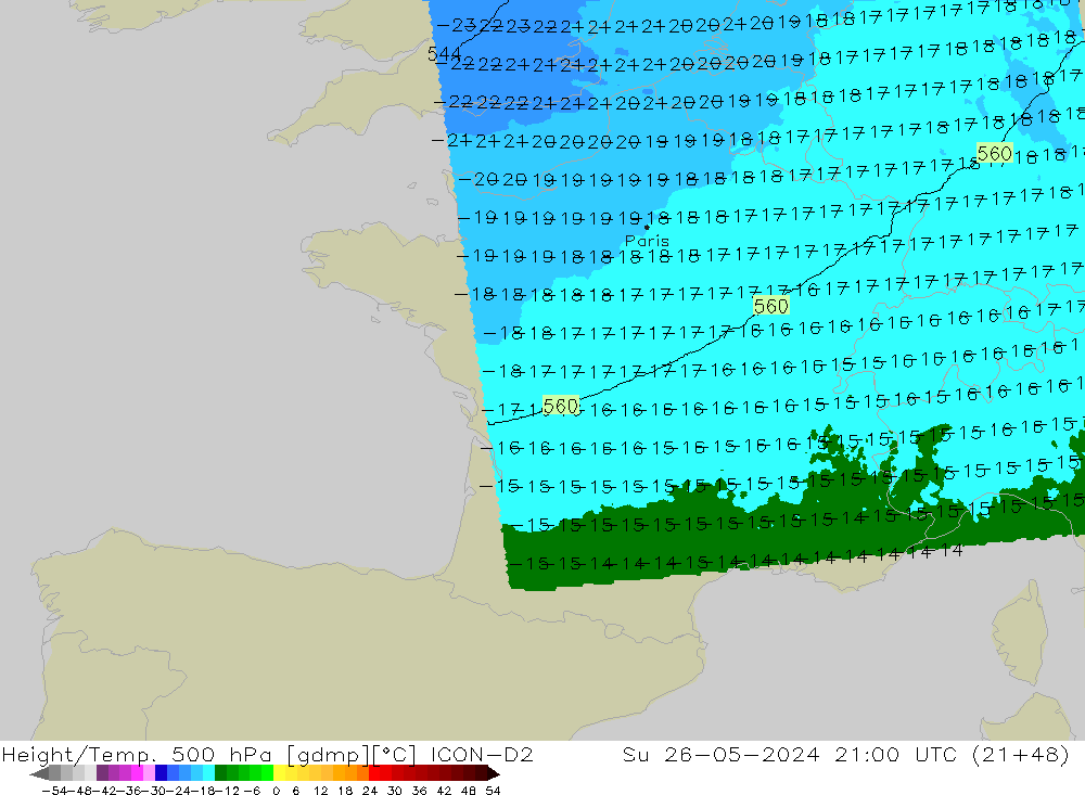 Yükseklik/Sıc. 500 hPa ICON-D2 Paz 26.05.2024 21 UTC