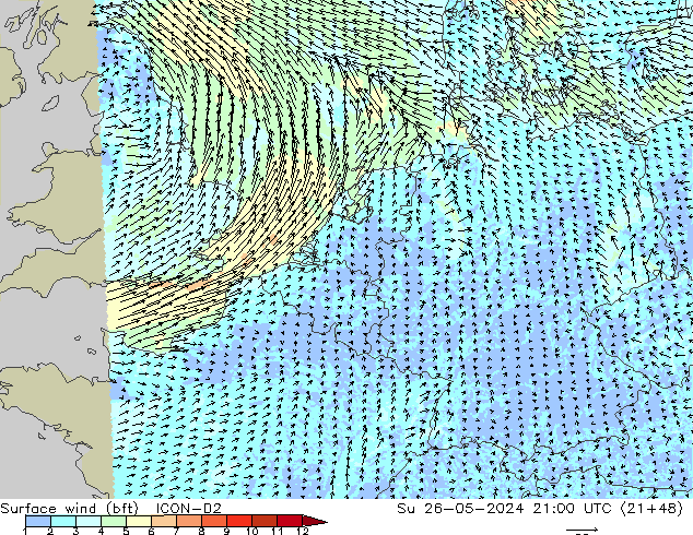Vento 10 m (bft) ICON-D2 dom 26.05.2024 21 UTC