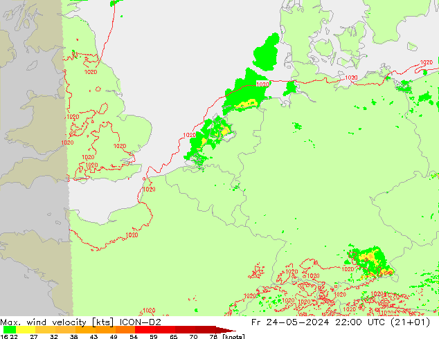 Max. wind velocity ICON-D2 пт 24.05.2024 22 UTC